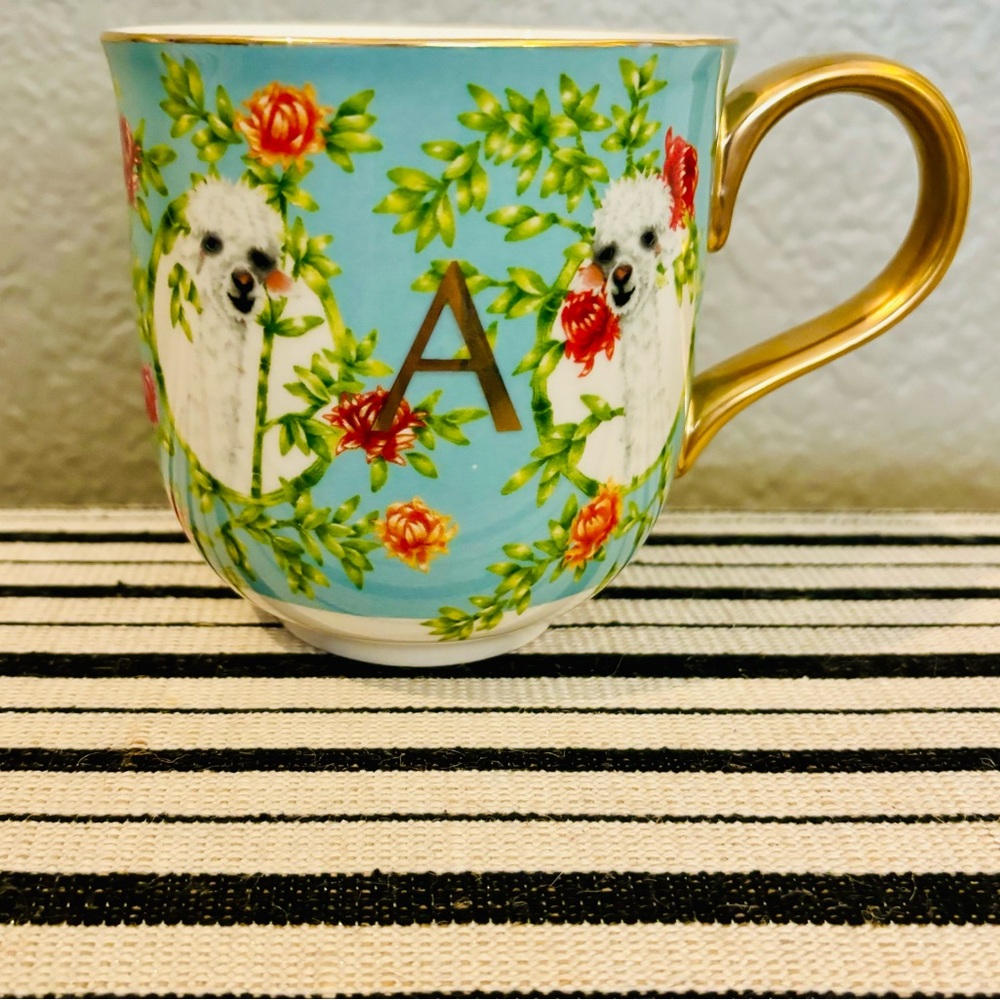 Anthropologie Blue and Gold Monogram A Llama Mug